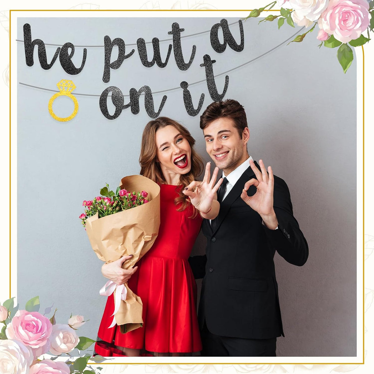 Engagement party hanging banner in black glitter