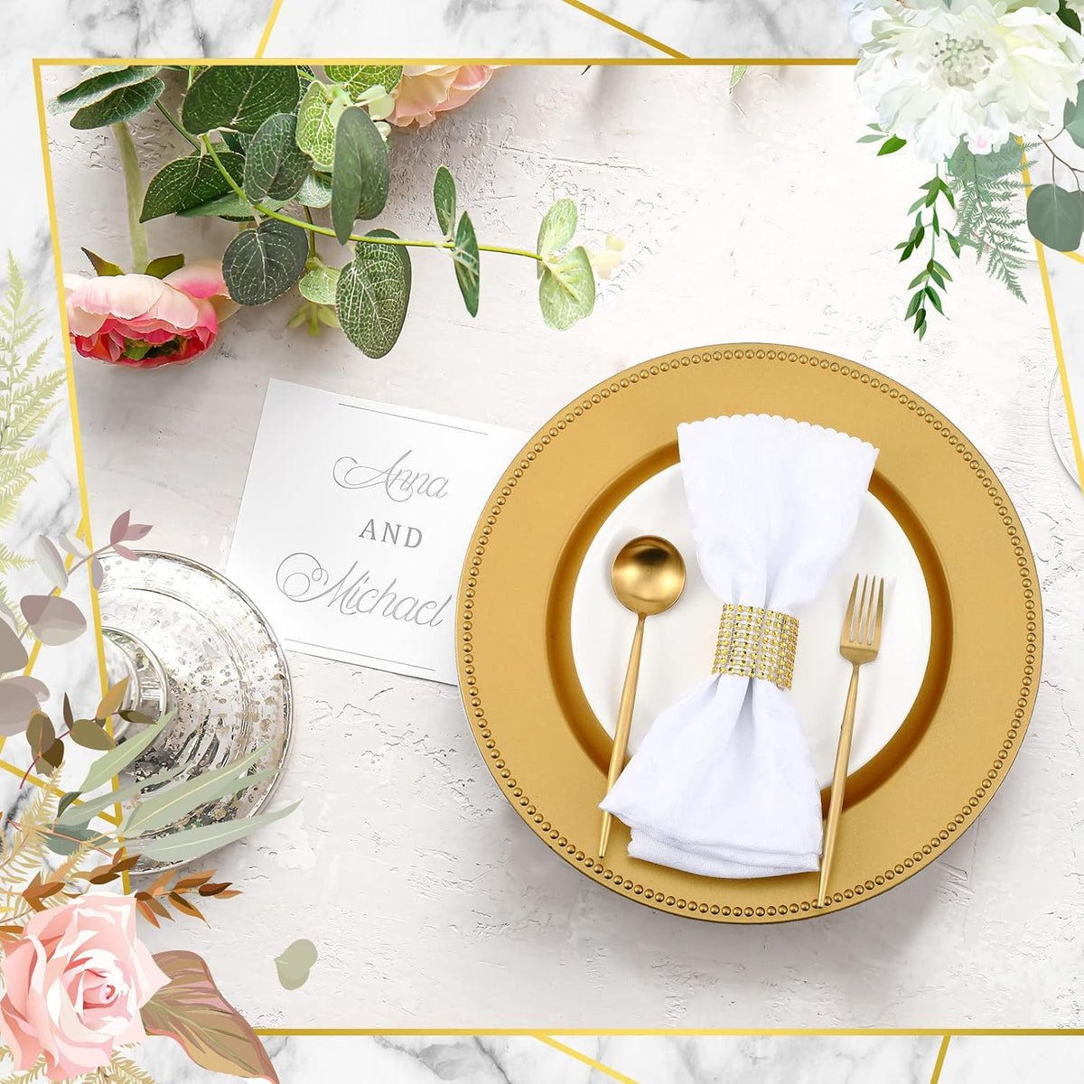 Wedding table décor with gold chargers and napkin rings