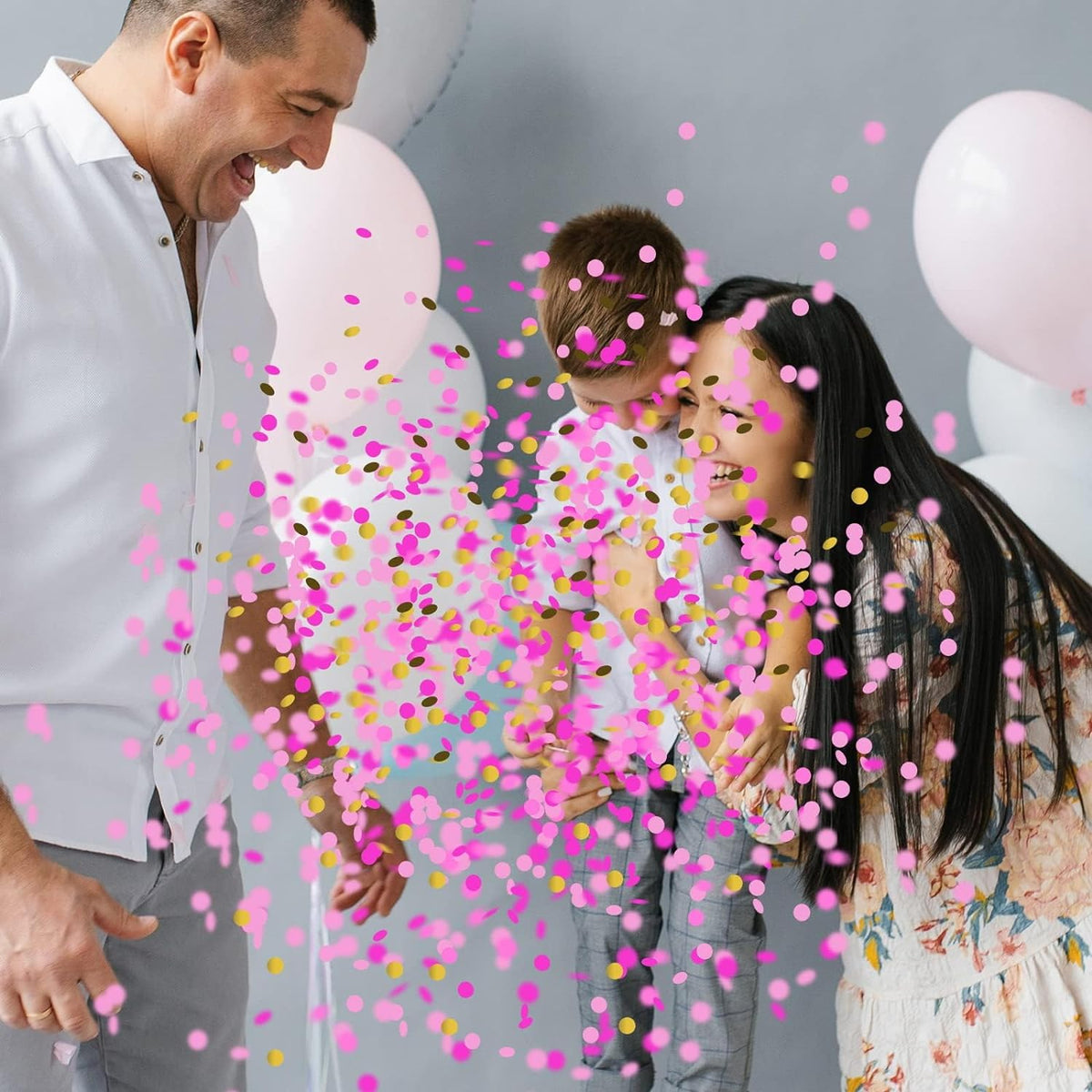 Black gender reveal balloon set with pink and blue confetti