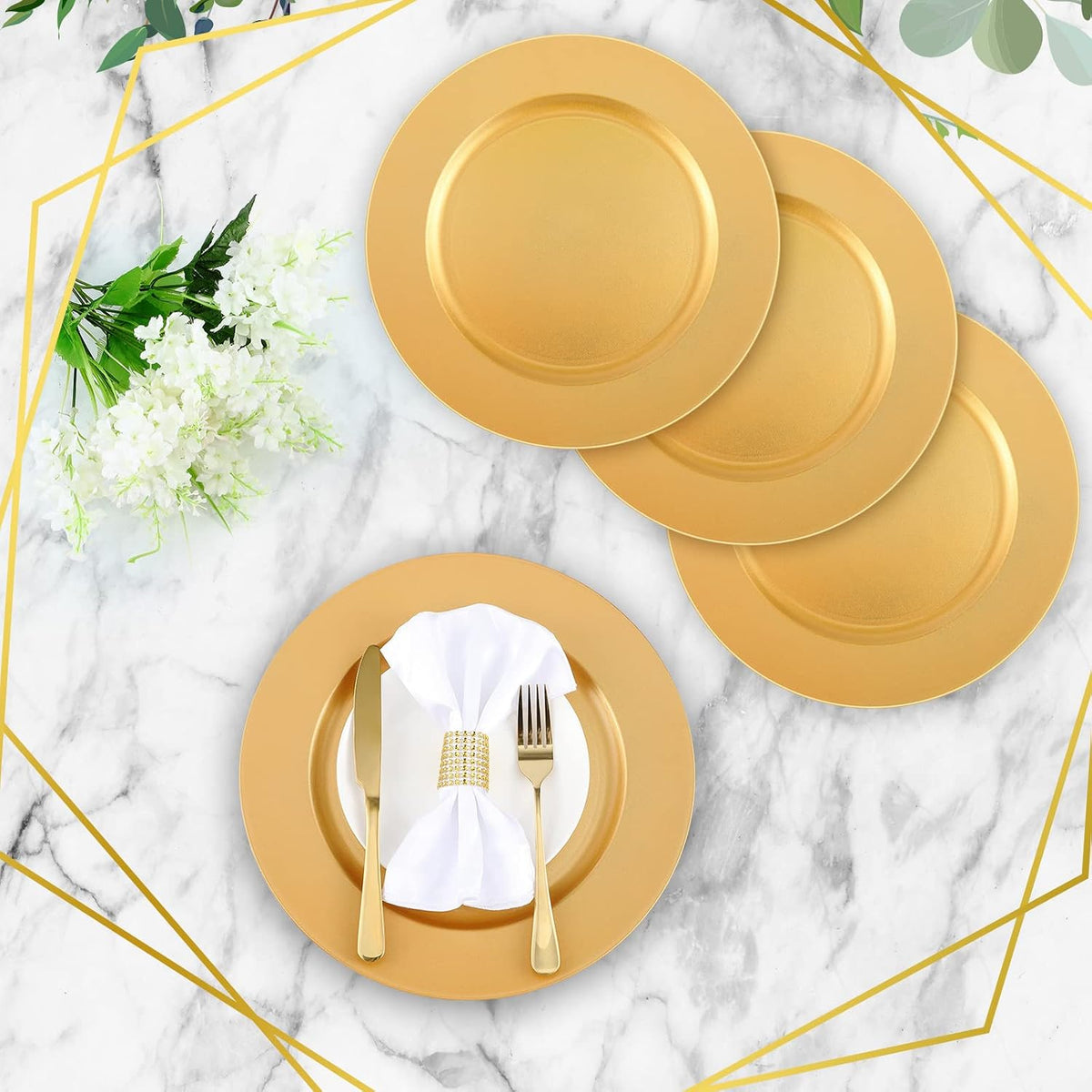 Round gold charger plates for wedding place settings