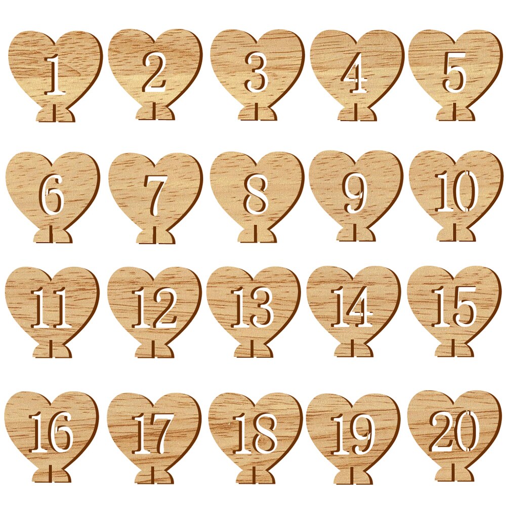 Heart-shaped wooden table numbers 1 through 20 with holders