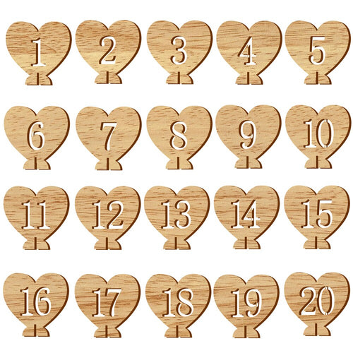Heart-shaped wooden table numbers 1 through 20 with holders