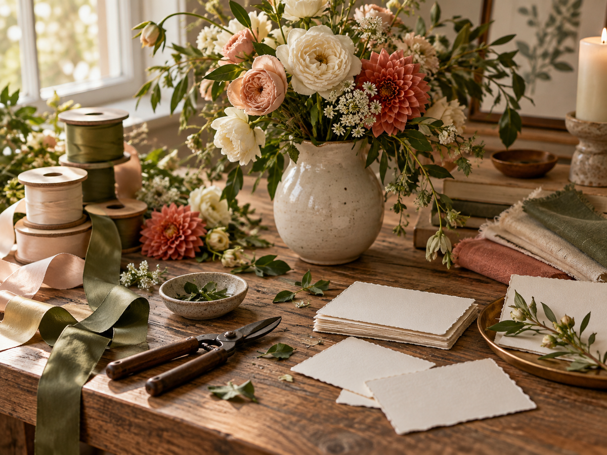 Editorial event design materials and floral workspace