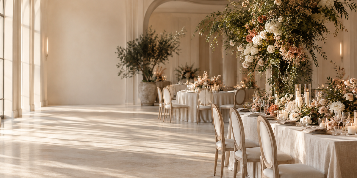 Editorial event environment in warm ivory tones