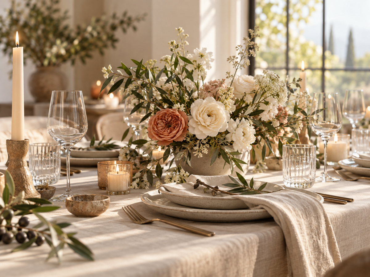 Editorial tablescape detail in warm neutral tones